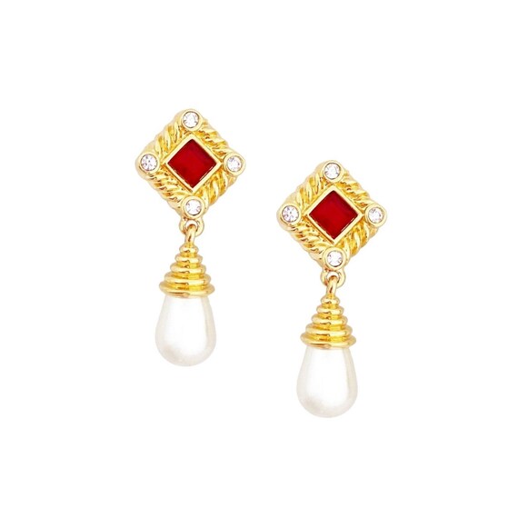 Pearl Drop Earrings With Ruby Red Crystals By Swa… - image 1