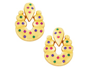 Gold Door Knocker Statement Earrings Studded With Jewel Tone Crystals, 1980s