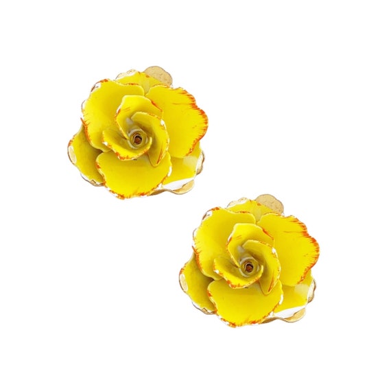Butter Yellow Enamel Flower Figural Earrings, 196… - image 1