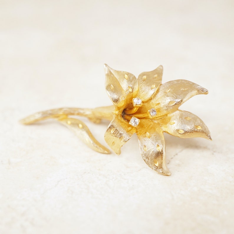 Vintage Gilded Lily Flower Figural Brooch with Crystal Rhinestones by Erwin Pearl 1990s