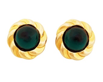 Gold & Emerald Green Glass Cabochon Earrings By Monet, 1980s