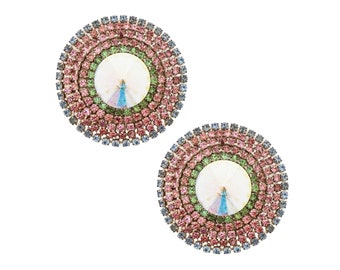 Oversized Pastel Rhinestone Bullseye Statement Earrings By Roxanne Assoulin, 1980s