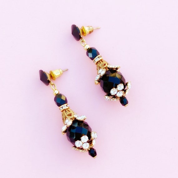 Vintage Baroque Onyx Dangle Earrings with Crystal… - image 2