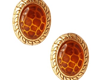 Giraffe Print Glass Cabochon Earrings With Gold Bezel, 1980s