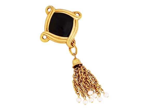 Gilded Black Enamel Brooch With Chain & Pearl Tas… - image 1
