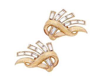 Gouden Abstracte Lintoorbellen met Baguette Crystal Spray Door Alfred Philippe Voor Kroon Trifari, jaren 1950