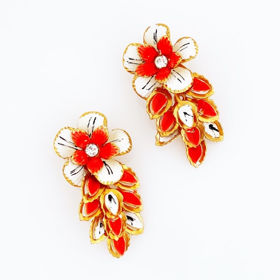 Neon Green Enamel Floral Climber Statement Earrin… - image 2