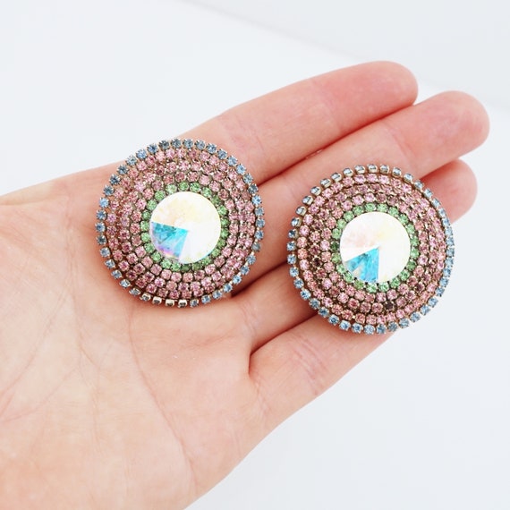 Oversized Pastel Rhinestone Bullseye Statement Ea… - image 5