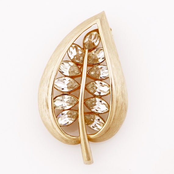Brushed Gold Leaf Brooch With Navette Crystals, 1… - image 3