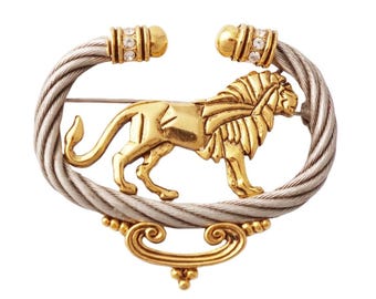Mixed Metal Lion in Twisted Cable Frame Brooch By Jonette Jewelry, 1980s