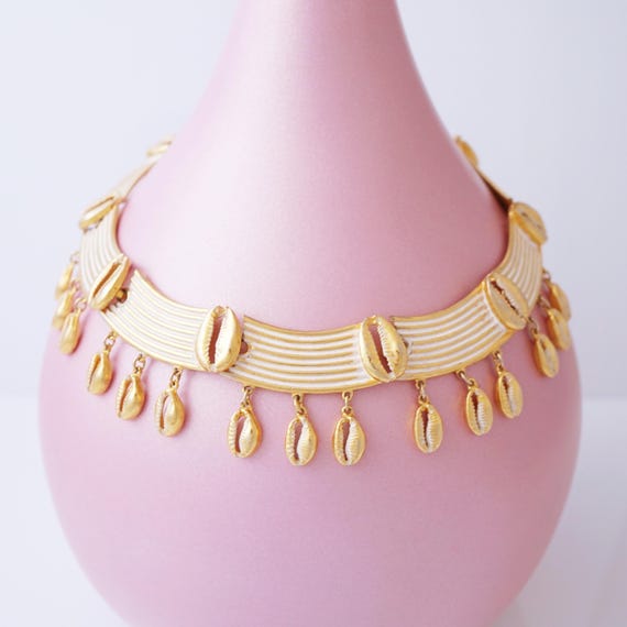 Gilt & White Enamel Seashell Dangle Choker Neckla… - image 3