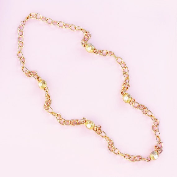 Vintage 37" Gilded Heavy Chain Necklace With Faux… - image 1