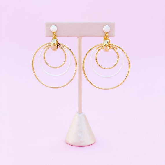 Vintage Gold & White Lightweight Modernist Hoop E… - image 1