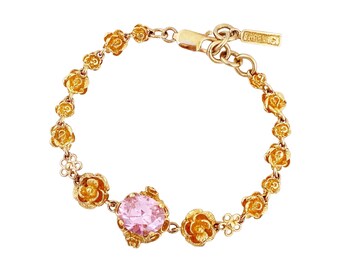 Gold Vermeil Floral Link Bracelet With Rose Pink Cubic Zirconia By Badavici, 1990s