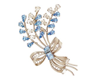 Sterling Silver Bouquet Brooch With Baby Blue & Clear Crystals, 1950s
