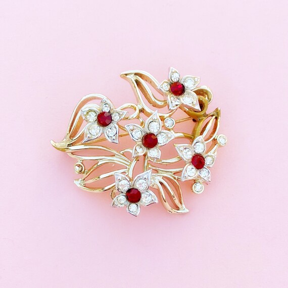 Vintage Two Tone Flower Brooch with Ruby Red Rhin… - image 2