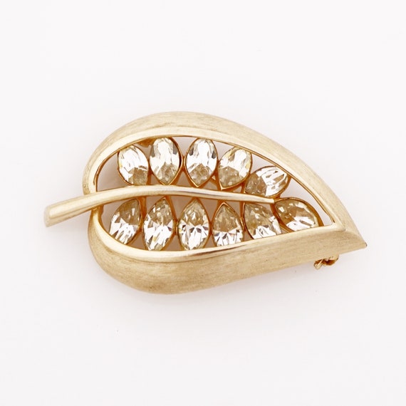 Brushed Gold Leaf Brooch With Navette Crystals, 1… - image 2