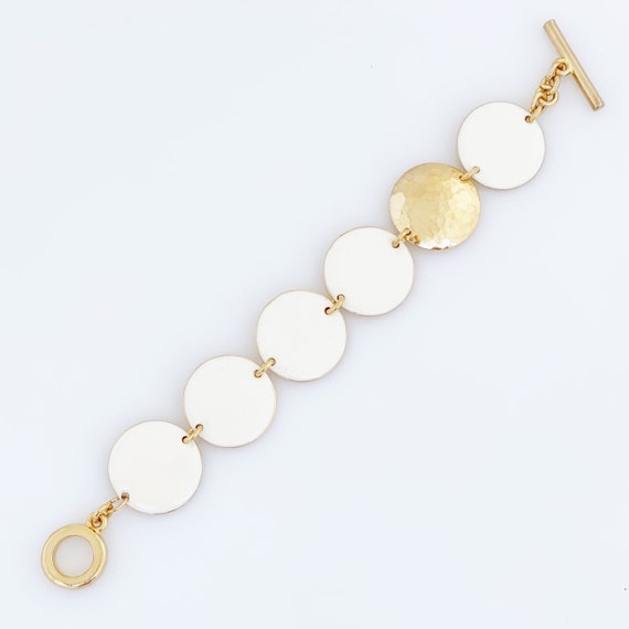 Hammered Gold & Cream Enamel Circle Link Bracelet… - image 2