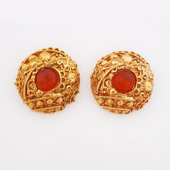 Textured Gold Dome Statement Earrings With Amber … - image 2