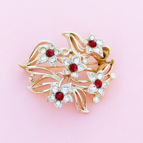 Vintage Two Tone Flower Brooch with Ruby Red Rhin… - image 3