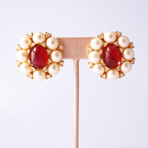Pearl, Crystal and Ruby Statement Earrings By Gro… - image 3