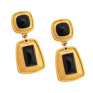 Brushed Gold and Faux Onyx Drop Earrings By Trifari, 1980s