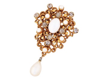 Ornate Baroque Gilded Scrolls Brooch With Faux Pearls & Rhinestones By Corocraft, 1950s