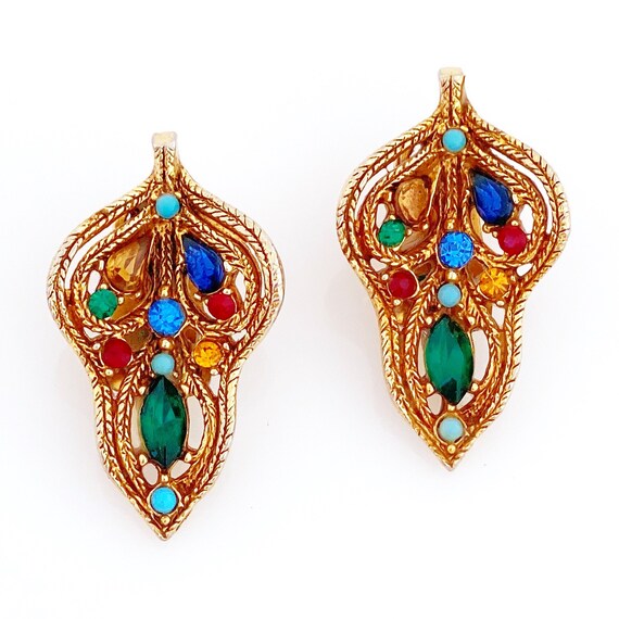 Braided Filigree Jewel Tone Rhinestone Leaf Earri… - image 4