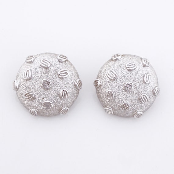 Textured Silver Modernist Dome Earrings By Monet,… - image 2