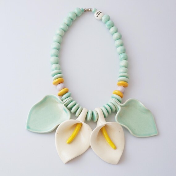 Oversized Calla Lily Ceramic Statement Necklace B… - image 2