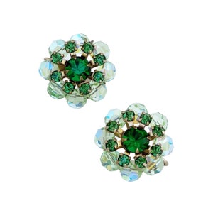 Emerald & Mint Green Aurora Borealis Crystal Flower Earrings, 1960s