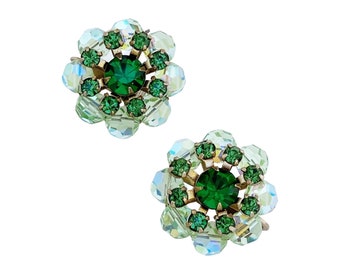 Emerald & Mint Green Aurora Borealis Crystal Flower Earrings, 1960s