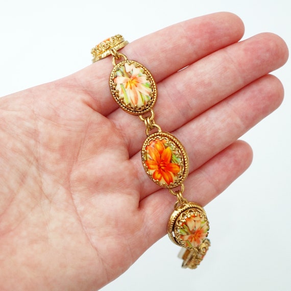 Oval Floral Cabochon Link Bracelet, 1970s - image 4