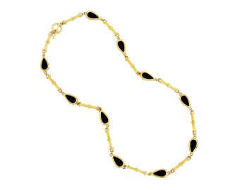 32" Gold Link Chain Necklace With Black Resin Teardrop Details, 1980s