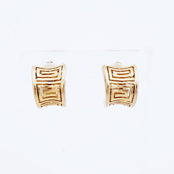 Gold Greek Key Huggie Hoop Earrings, 1990s - image 4