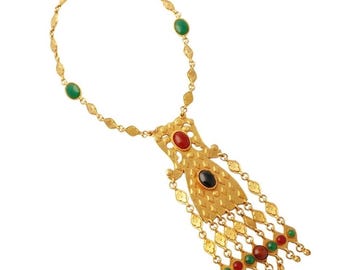 Vergulde Etruskische statementketting met cabochons in juweelkleur van Accessocraft, jaren 1970