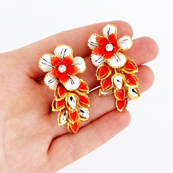 Neon Green Enamel Floral Climber Statement Earrin… - image 5