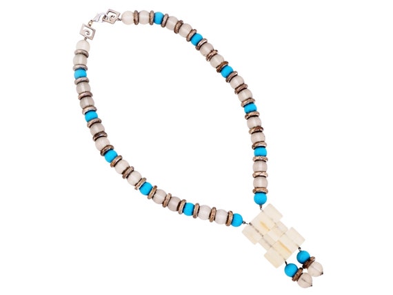 Frosted Lucite & Turquoise Beaded Statement Neckl… - image 1