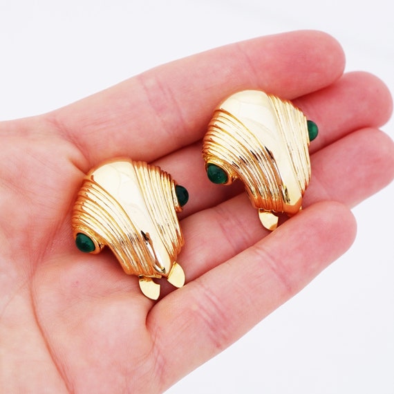 Gold Statement Earrings With Emerald Glass Caboch… - image 7
