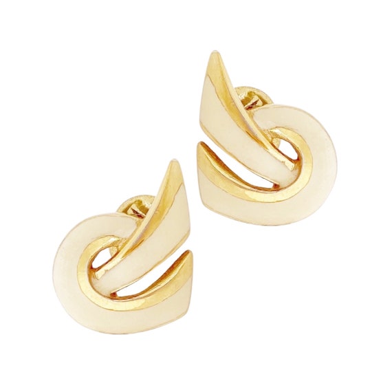 Gold & Cream Enamel Abstract Swirl Earrings By Mo… - image 1