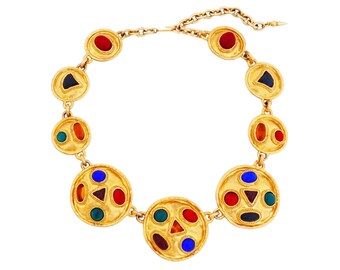 Gilded Medallion Link Statement Necklace With Colorful Gripoix Glass By Les Bernard, 1980s