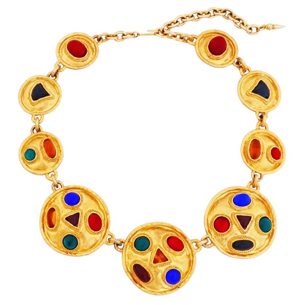 Gilded Medallion Link Statement Necklace With Colorful Gripoix Glass By Les Bernard, 1980s