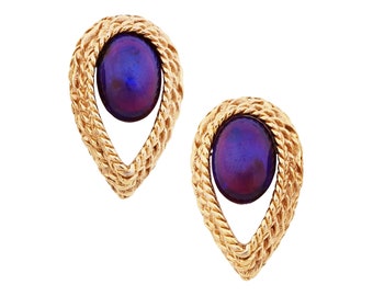 Gold Teardrop Braided Earrings With Purple Moonglow Cabochons, 1980s