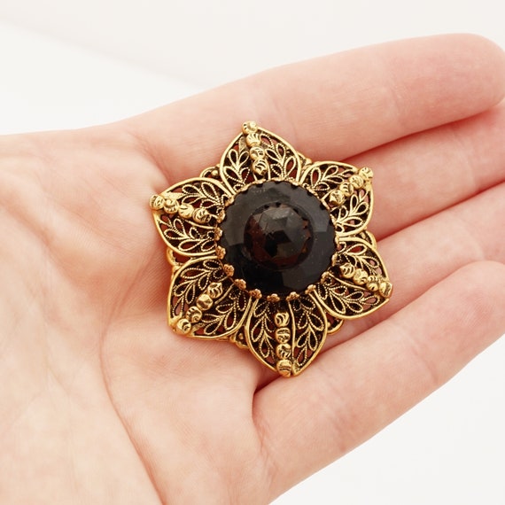 Gold Filigree Floral Brooch with Onyx Accent By F… - image 3