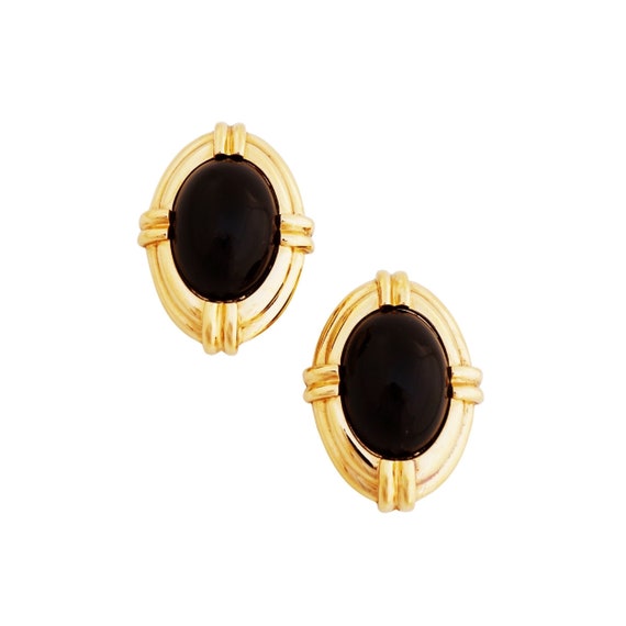 Oversized Gold and Black Cabochon Statement Earri… - image 1