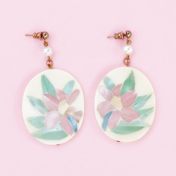 Pastel Mother of Pearl Floral Drop Earrings, 1980s - image 1