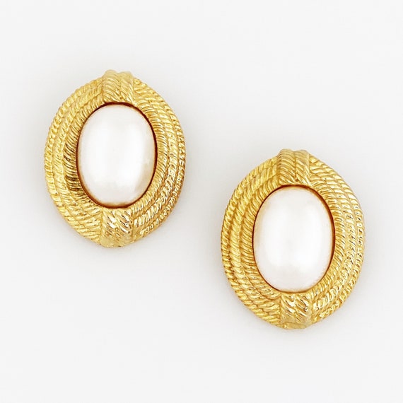 Gold Braid Texture Statement Earrings With Faux P… - image 2