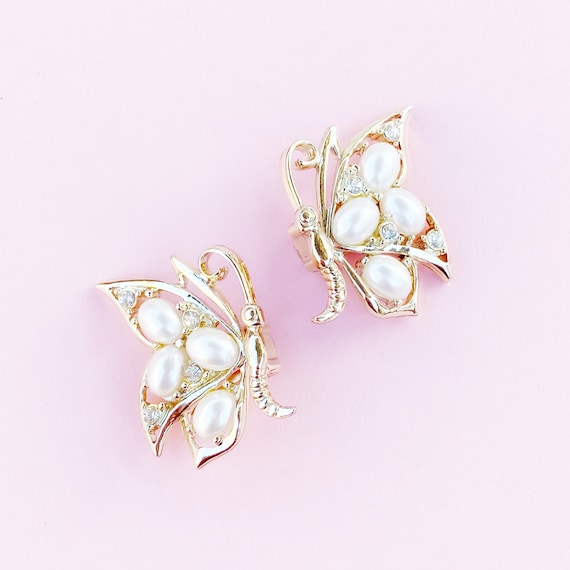 Vintage Golden Butterfly Statement Earrings With … - image 1