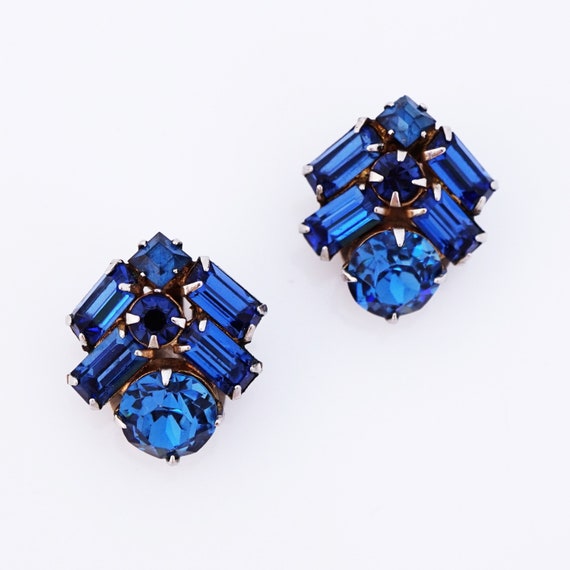 Cobalt Blue Rhinestone Earrings, 1960s - image 3