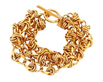 Chunky Three Strand Gold Link Chain Bracelet By Anne Klein, 1980s